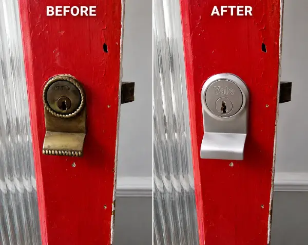 Before and after night latch cylinder replacement on a timber front door in Brockley SE4, South East London.