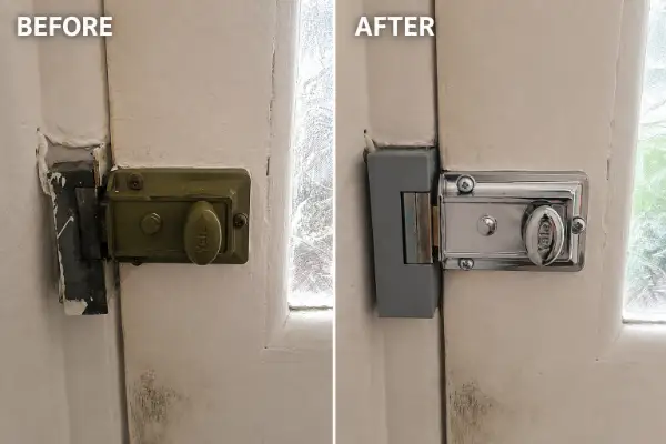 Before and after Yale night latch and electric door release replacement on a communal entrance door in Lewisham, South East London.